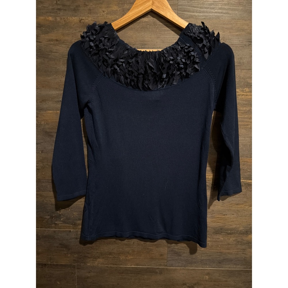Alberto Makali Navy Blue Ruffle Collar Knit Top 3/4 Sleeve Size M - Picture 2 of 4